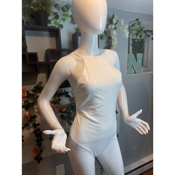 Haute Monde Hight Neck‎ Off White Thong Snap Bottom Bodysuit Size M RefFNB - Picture 6 of 8